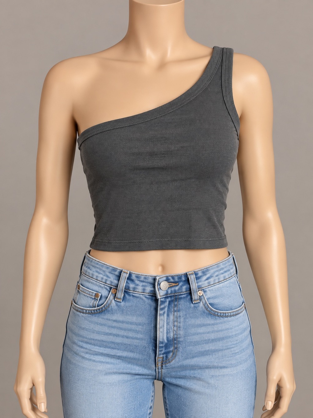 American Eagle Ribbed One Shoulder Crop Tank Charcoal Gray